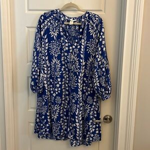 H&M Royal Blue and White Floral Linen Blend Dress